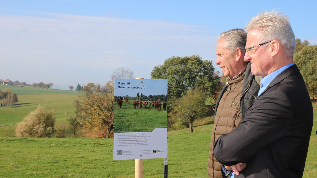 Herr Meller und Herr Eichkorn stehen neben der Weidetafel und blicken in die Landschaft.