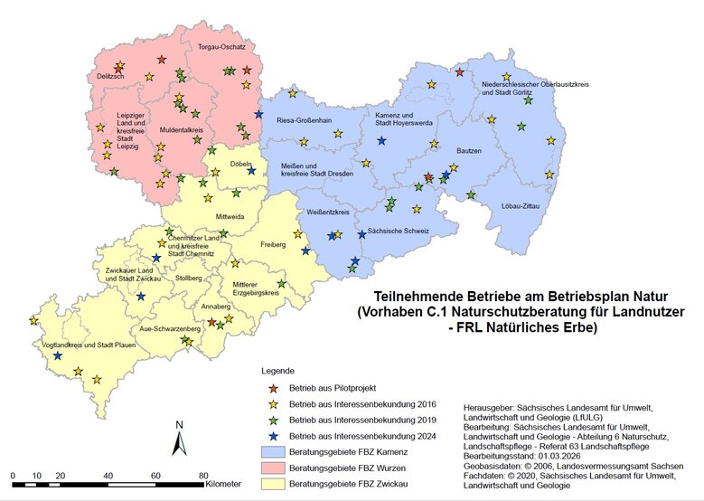 Karte von Sachsen mit Markierungen für teilnehmende Betriebe