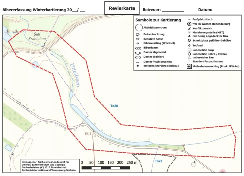 zeigt eine Karte, wie sie zur Kartierung von Biberrevieren genutzt wird