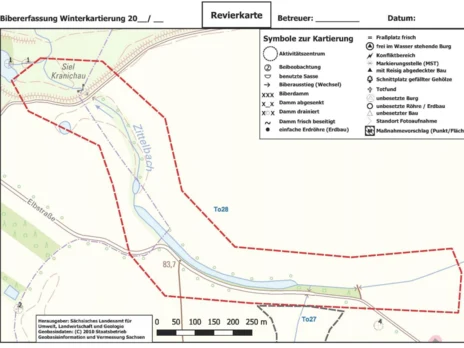 zeigt eine Karte, wie sie zur Kartierung von Biberrevieren genutzt wird
