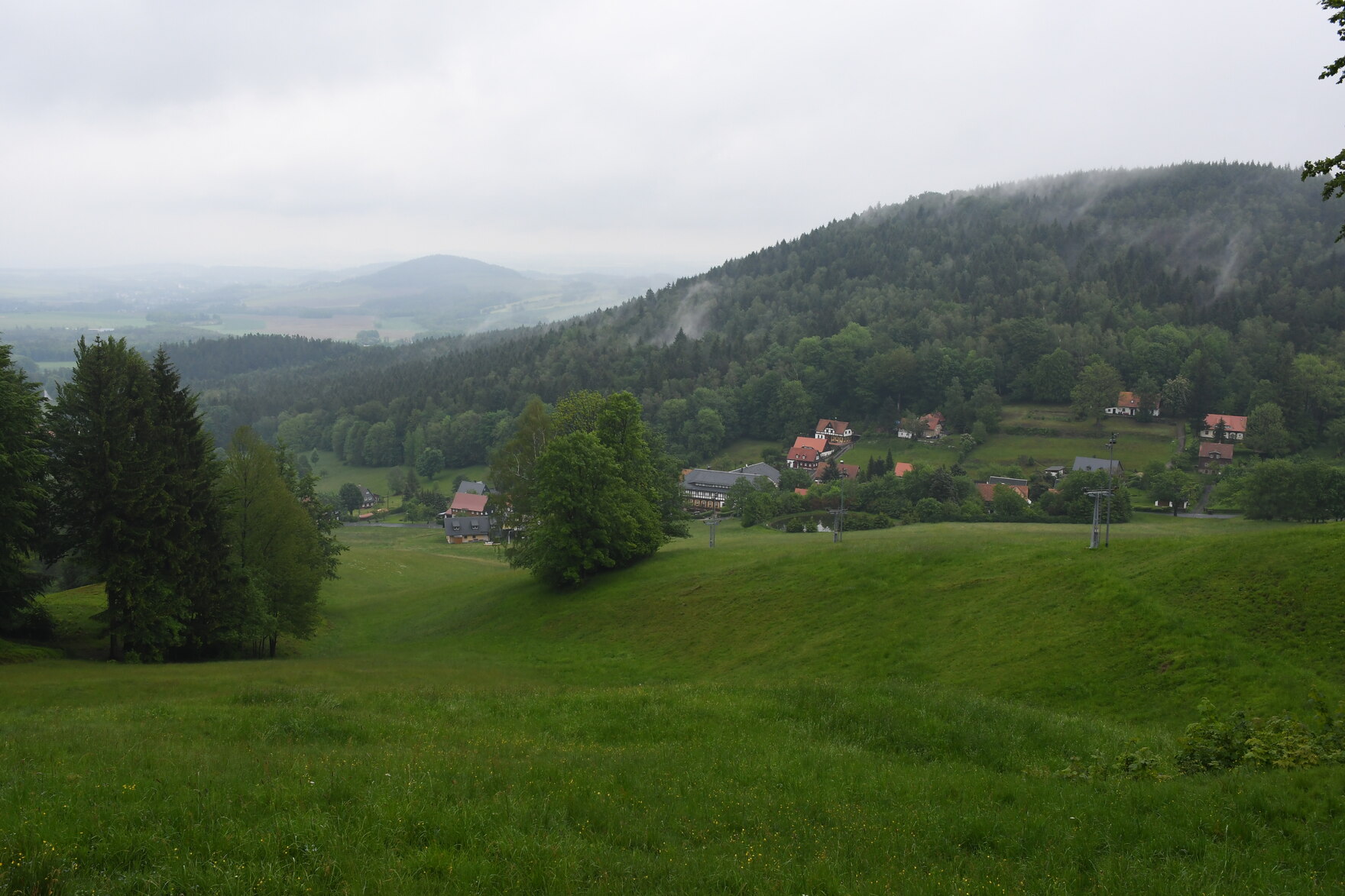 Blick über eine Grünland-Förderfläche und das Zittauer Gebirge