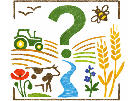 Key visual Befragung Landwirte mit Zeichnung Traktor, Feld, Bach