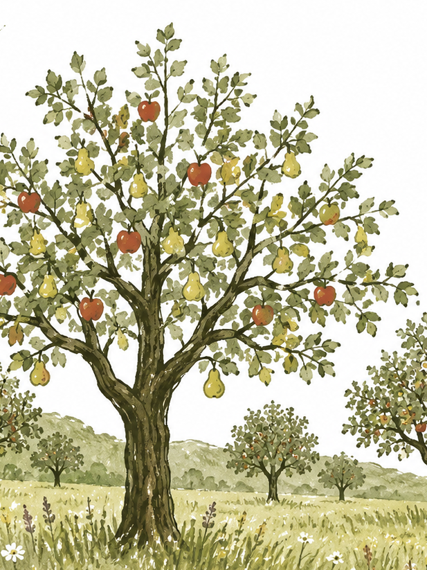 Streuobstwiese mit Obstbäumen und Wildblumen Symbolische, handgezeichnete Darstellung einer Streuobstwiese mit alten Apfel- und Birnbäumen auf einer blühenden Wiese. Vögel und ein Nistkasten ergänzen die naturnahe Landschaft und stehen für Artenvielfalt und ökologischen Lebensraum.