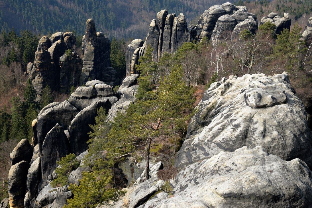 Schrammsteine im Elbsandsteingebirge. Das Elbsandsteingebirge, dessen deutscher Teil auch „Sächsische Schweiz“ genannt wird, ist eine beeindruckende und einzigartige Felslandschaft in Sachsen.
